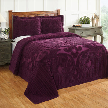 Chenille Bedspread Twin, Cotton Medallion, 81" x 110" Plum