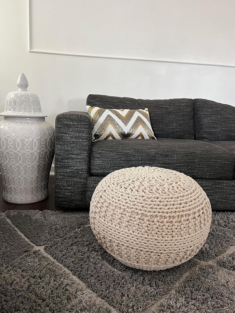 Home - Premium Luxury 100% & Handcrafted Cable Style Cotton Knitted Jade Comfortable Pouf, Ottoman, Footrest