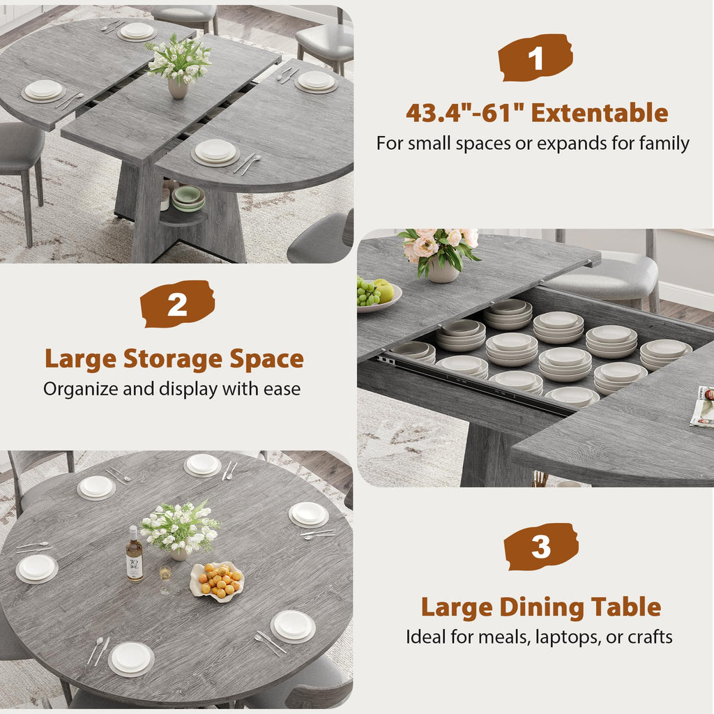 Extendable Dining Table, Round Kitchen Dining Room Dinner Table with for 4 6 8 People, Space Saving Modern Oval
