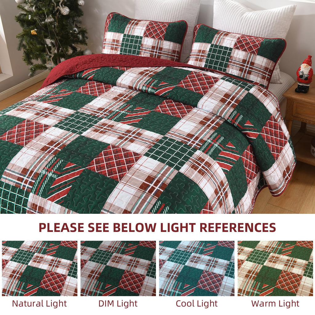 Christmas Quilt Set King Size, Red Green Plaid Patchwork Holiday Bedspread