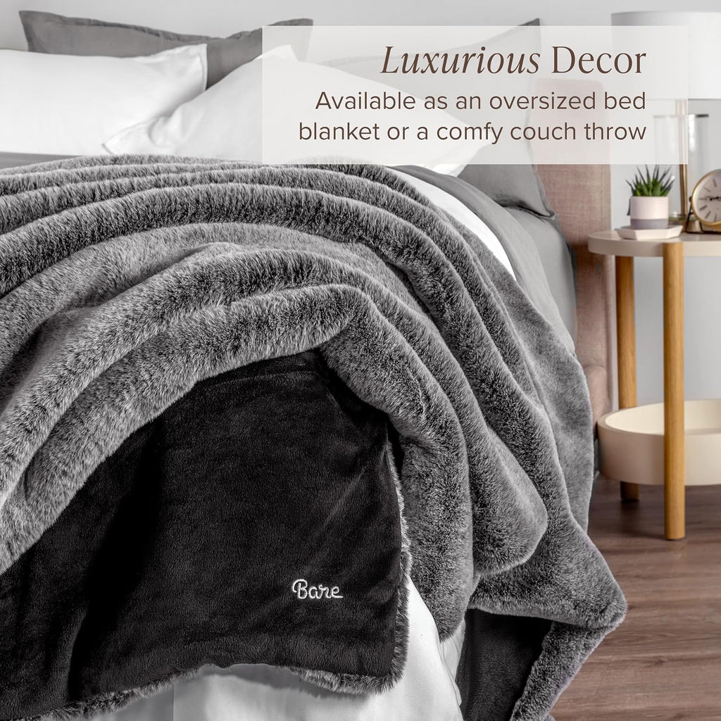 Faux Fur Blanket (Throw, Variegated Grey) | Ultra-Soft Luxurious, Cozy Warm Blanket for Couch, Sofa, Chair, Bed