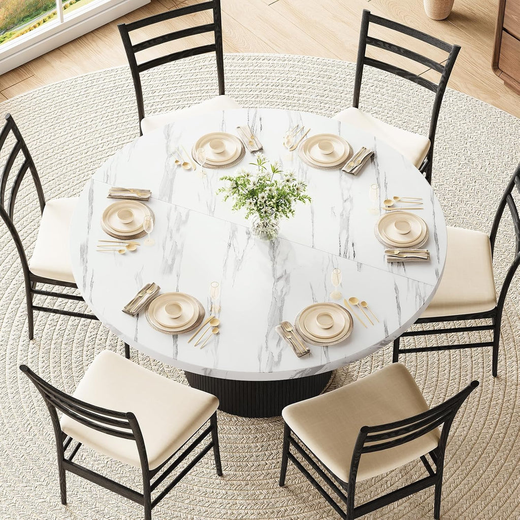 Round Kitchen Dining Table for 4-6 People, 47 inch Mid-Century Circle Dinner Tables, Rustic Wood Base in Fluted