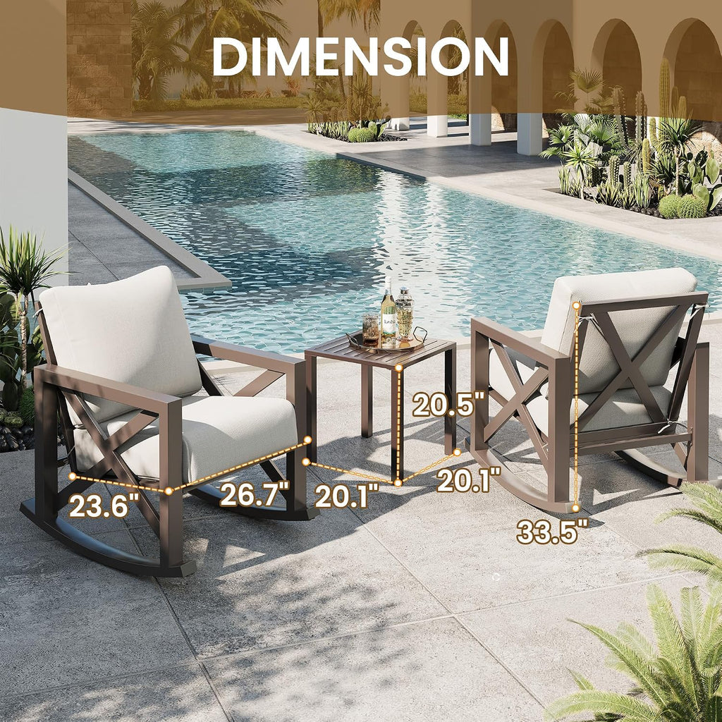 Rocking Chair Outdoor Set 2 w/Coffee Table, 3 Pc Metal Bistro Set | Metal Rocking 6.5" Water-Resistant Cushions