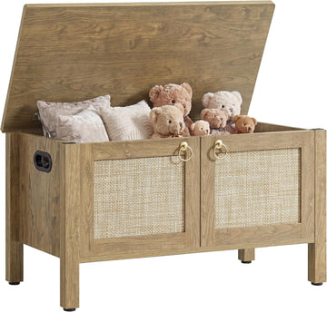 Rattan Storage Bench Boho Storage Chest with 2 Safety Hinges | Wood Storage Truck Box , Supports 220 lb