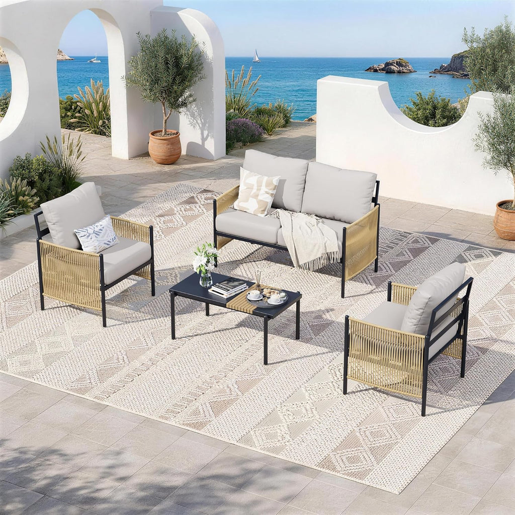 Aluminum Outdoor Patio Furniture Set, 4 Seats Outdoor Sectional with Coffee Table