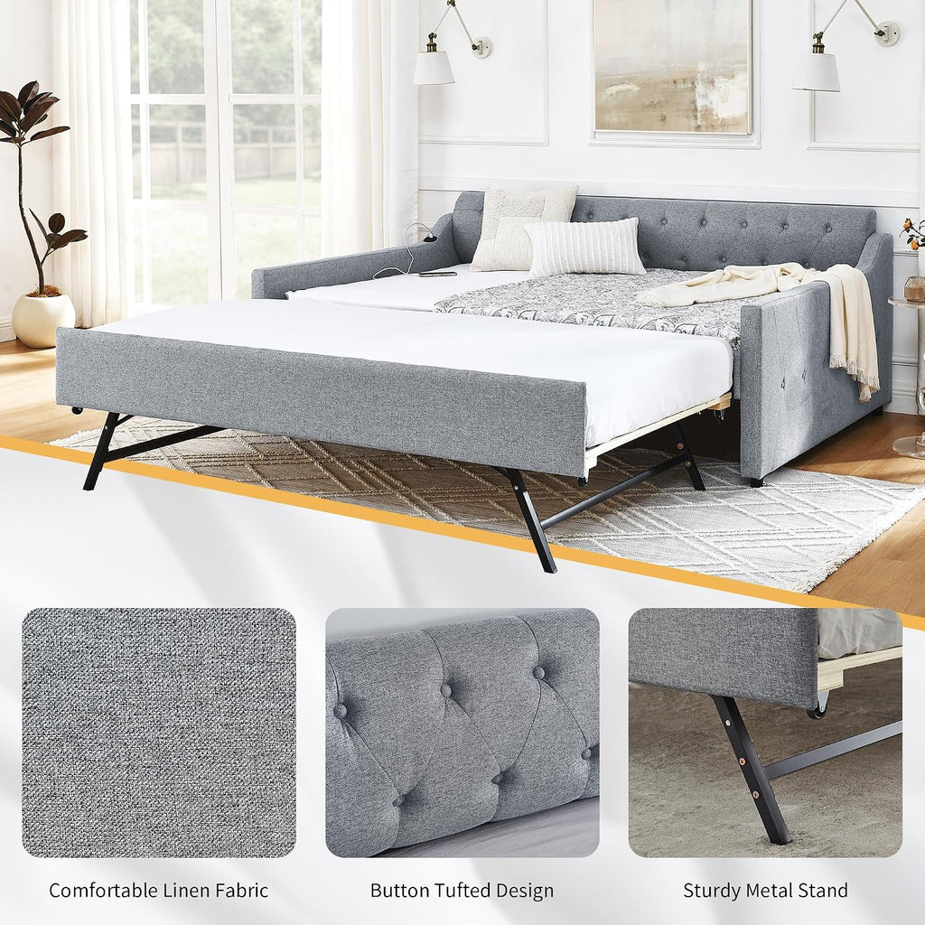 Twin Size Daybed with Pop Up Trundle, Upholstered Daybed with Trundle and USB Charging Ports, Linen Twin Size Sofa