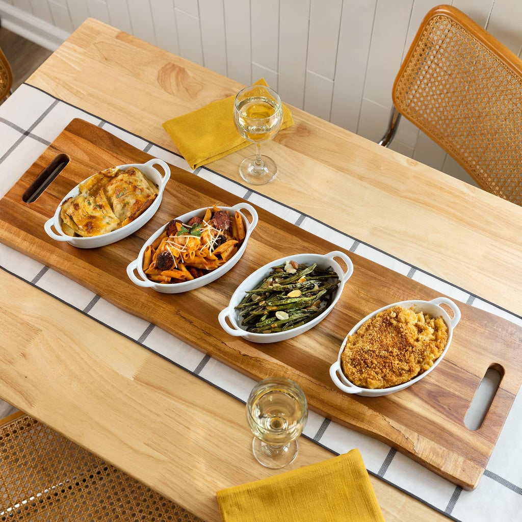 Large Acacia Serving Board with Handles, 36 x 12 Inch Rectangular Charcuterie Platter, Natural Wood Server for Meat