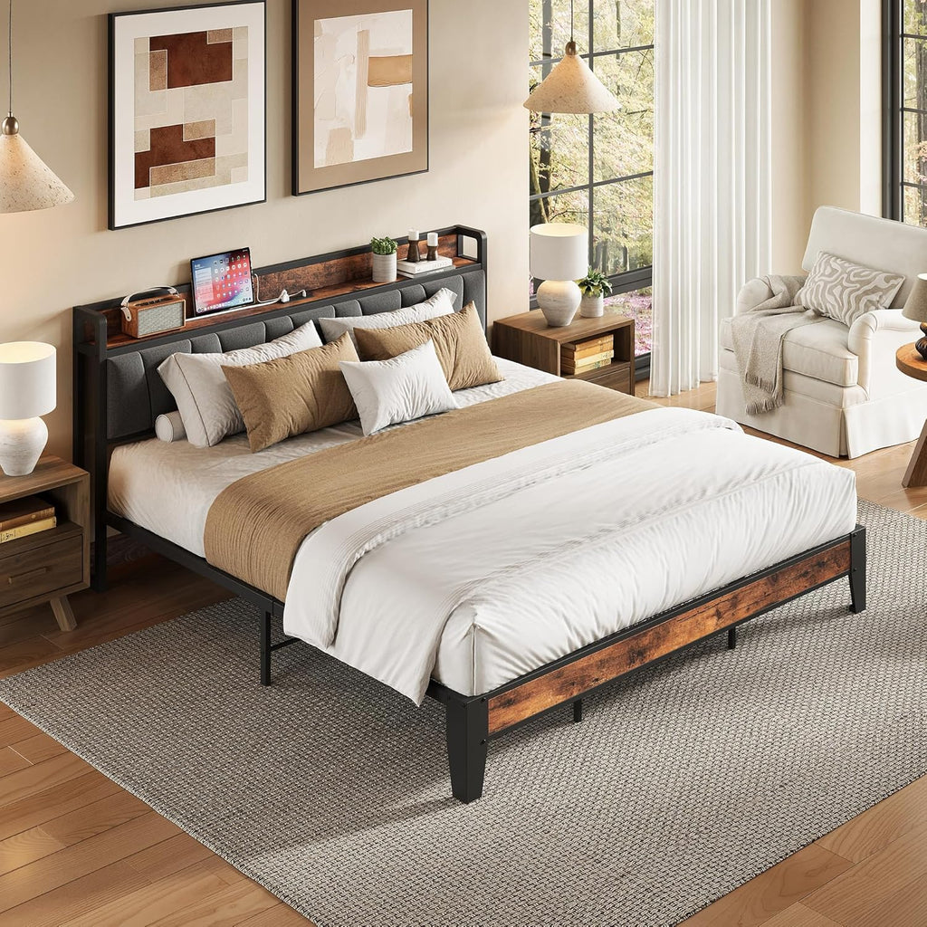 King Bed Frame, Storage Headboard with Charging Station, Solid and Stable, Noise Free, No Box Spring Needed