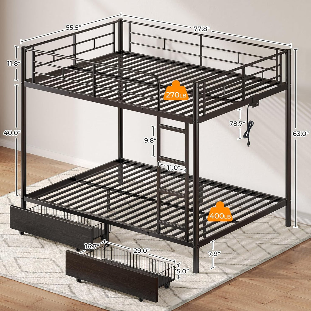 Metal Bunk Bed Full Over Full with USB Charging Station, LED Bunk Bed with 2 Storage Drawers