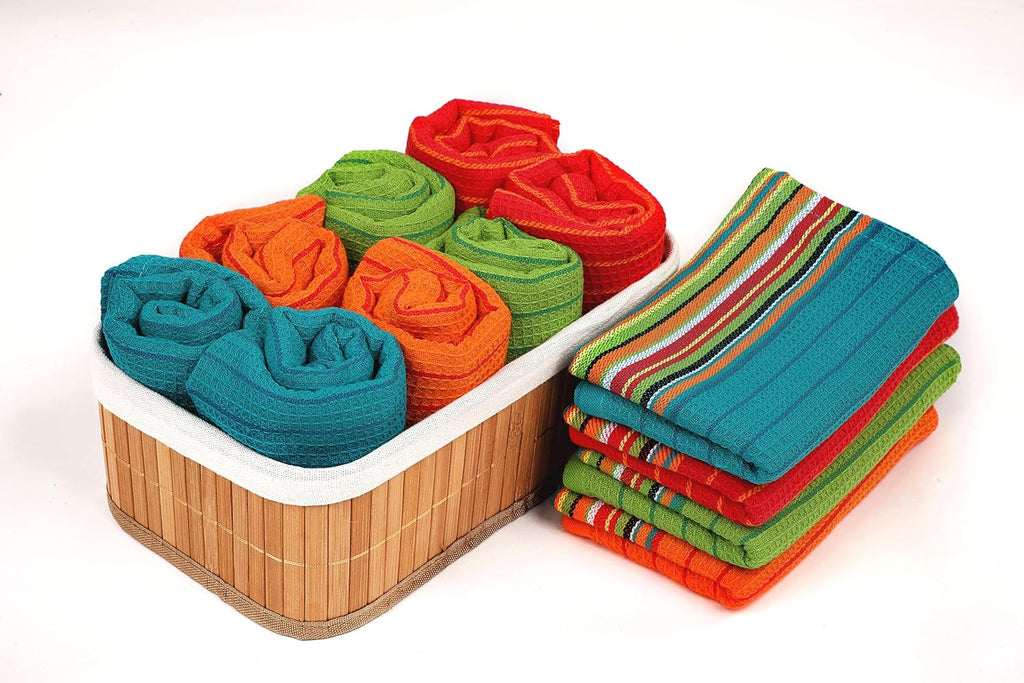 Salsa Stripe Kitchen Dish Towels | 100% Natural Absorbent Cotton Waffle Towels | Multi-Purpose Festive Red, Orange