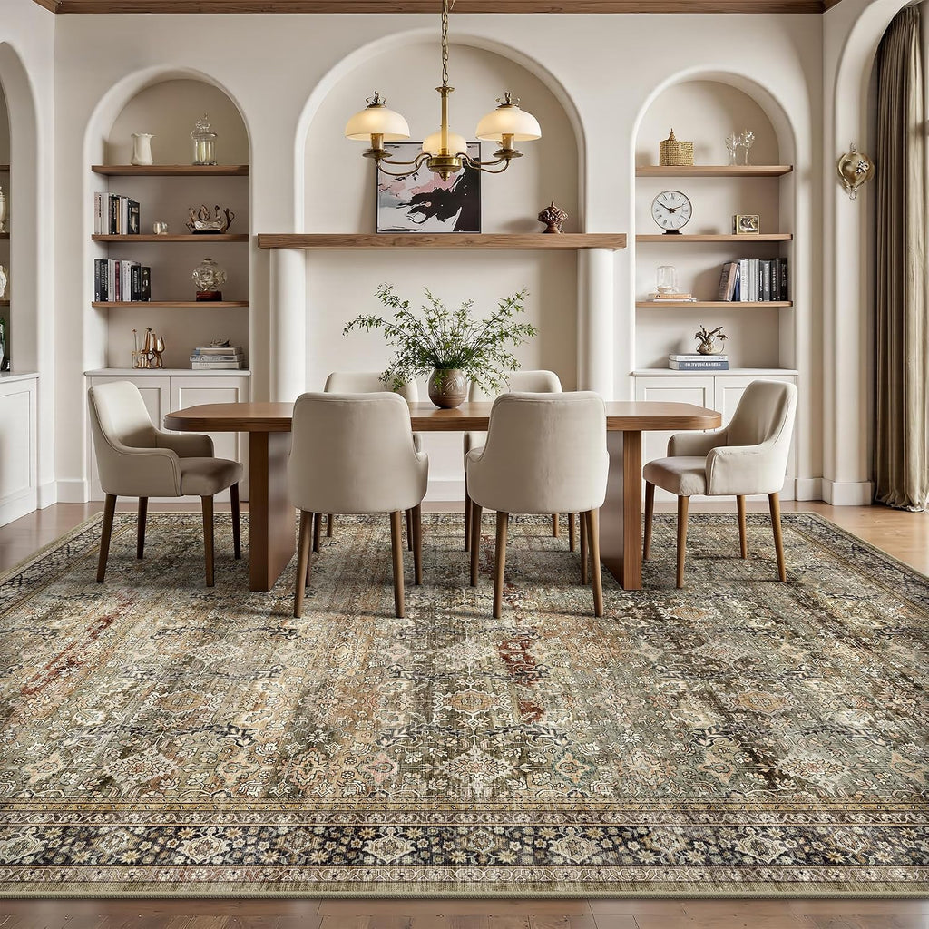 10x14 Area Rugs - Washable Vintage Retro Large Rug, Soft Ultra Thin Non Slip Low Pile Traditional Distressed Boho