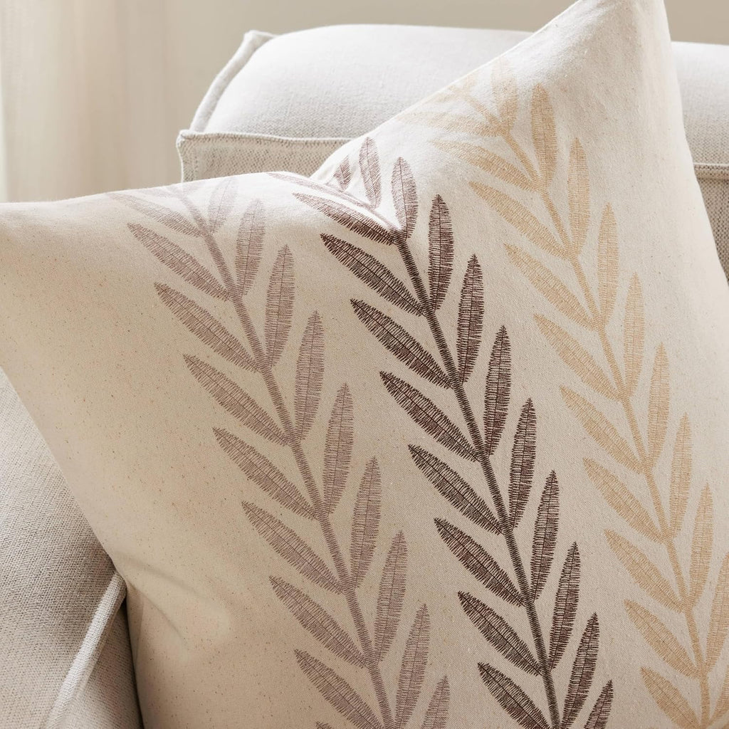 100% Cotton Farmhouse Leaves Throw Pillow Covers Set of 2, 18x18 Inch Mixed Beige Pastoral Decorative Print Cushion