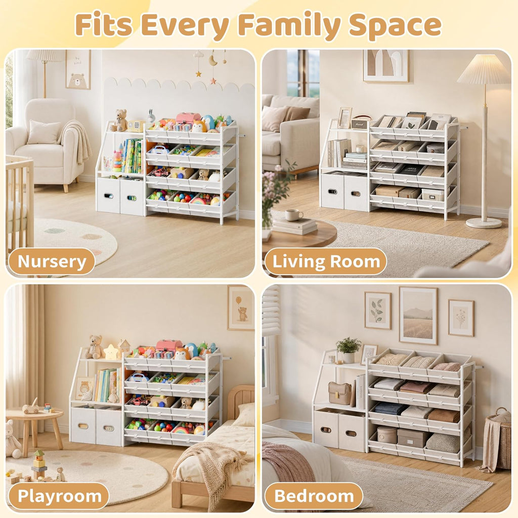Kids Toy Storage Organizer - Toy Shelf , Kids Room | 12 Removable Fabric Bins, 2 Boxes & 2-Tier Bookshelves