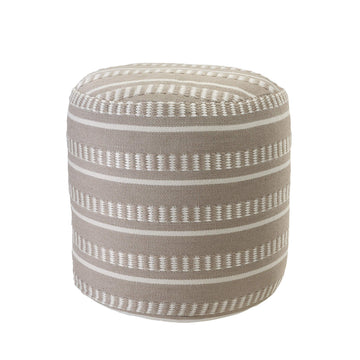LR Home Dash and Stripe Geometric Pouf Ottoman, Handmade Indoor Outdoor Round Footrest and Extra Seat, Beige and