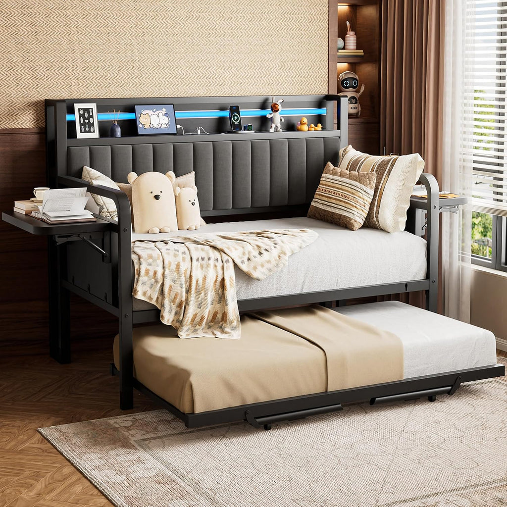 Daybed with Trundle and LED Light, Heavy Duty Metal Twin Bed Frame with Upholstered Storage Headboard & Charging