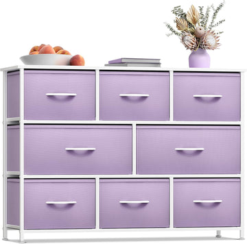Kids Dresser with 8 Drawers - Chest Organizer Unit with Steel Frame Wood Top & Handle, Fabric Bins for Clothes - Wide