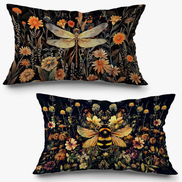 Moody Vintage Dragonfly Bee Floral Pillow Covers 12x20 Set of 2, Dark Cottagecore Botanical Wildflower Dragonfly