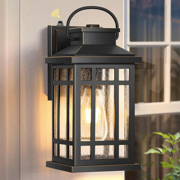 Exterior Lighting Fixtures, Black Porch Lights Outdoor with Gold Trim, Dusk to Dawn Porch Light with Seeded Glass