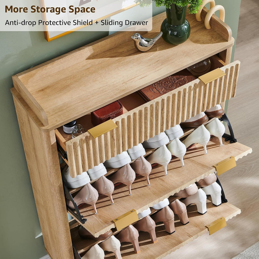 Fluted Shoe Storage Cabinet with 2 Flip Drawers & Top Drawer, 48" Tall Narrow Shoe Organizer, Curved Profile Design