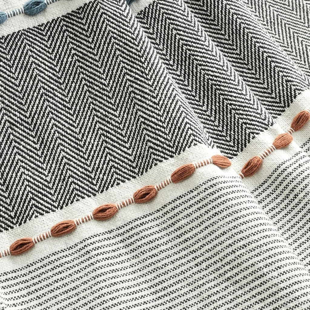 Herringbone Stripe Woven Tassel Yarn Dyed Cotton Throw Blanket 50" W x 60" L Black & Multi - Striped Throw Blankets
