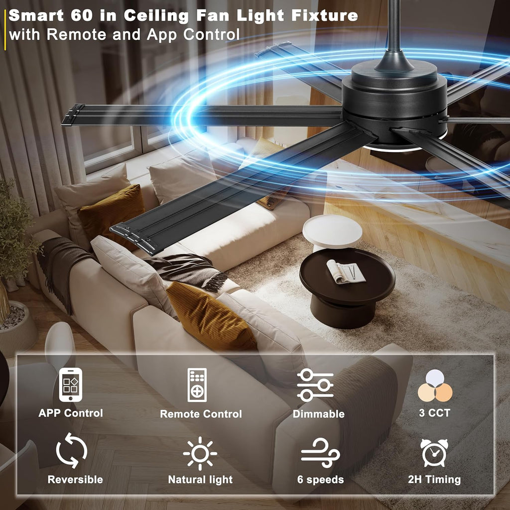 60" Industrial Ceiling Fan with Lights - Remote & APP Control, Dimmable, DC Motor, Outdoor Fan with Aluminum Blades