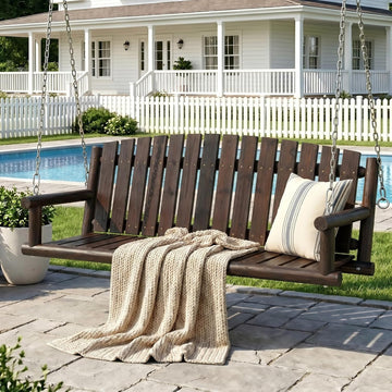 5FT Outdoor Wooden Porch Swing, 3 Person Patio Hanging Bench, Heavy Duty 900 LBS Swing Chair, Solid Fir Wood Porch