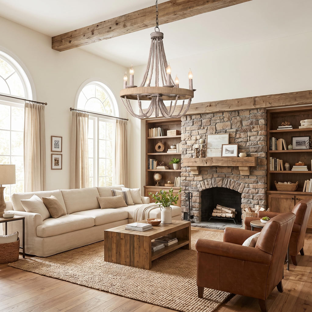 Farmhouse Chandelier 6-Light Wood Bead Rustic Ceiling Light