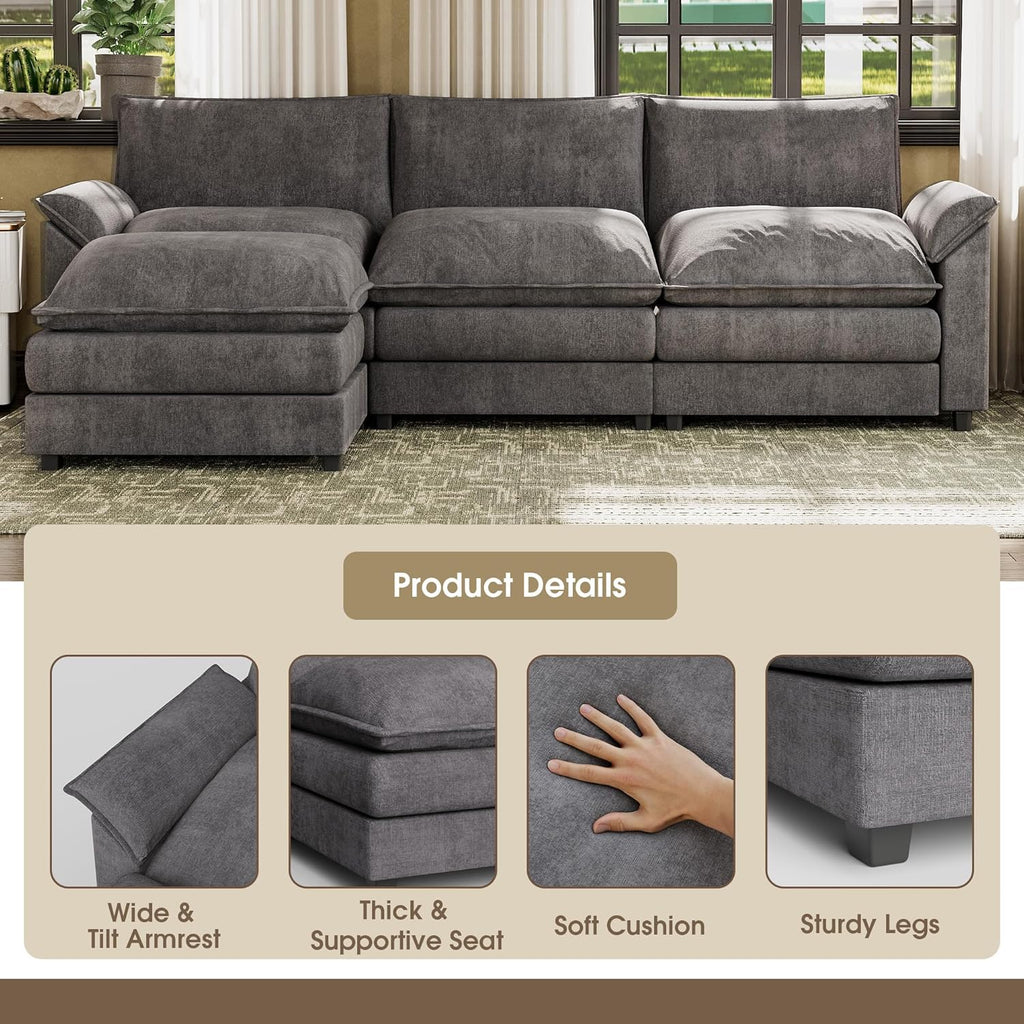 119” Sectional Sofa Modern Deep Couch with Reversible Ottoman