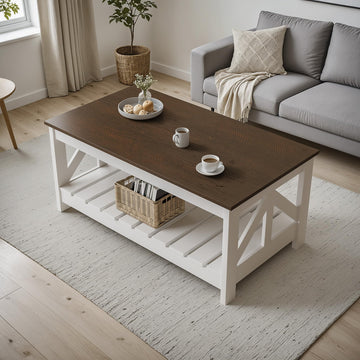 Farmhouse Coffee Table with Storage, Brown and White