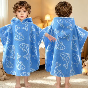 Toddler Hooded Poncho Towel 1-3Y,100% Cotton, Blue Fish