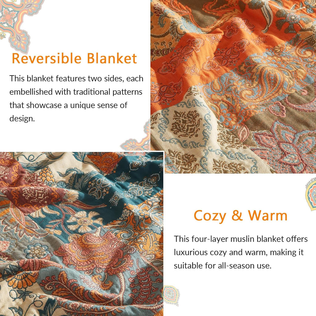 Boho Throw Blanket, 100% Cotton Woven Quilt with Tassel 60”x80”, Super Soft Muslin Blanket with Floral Printed