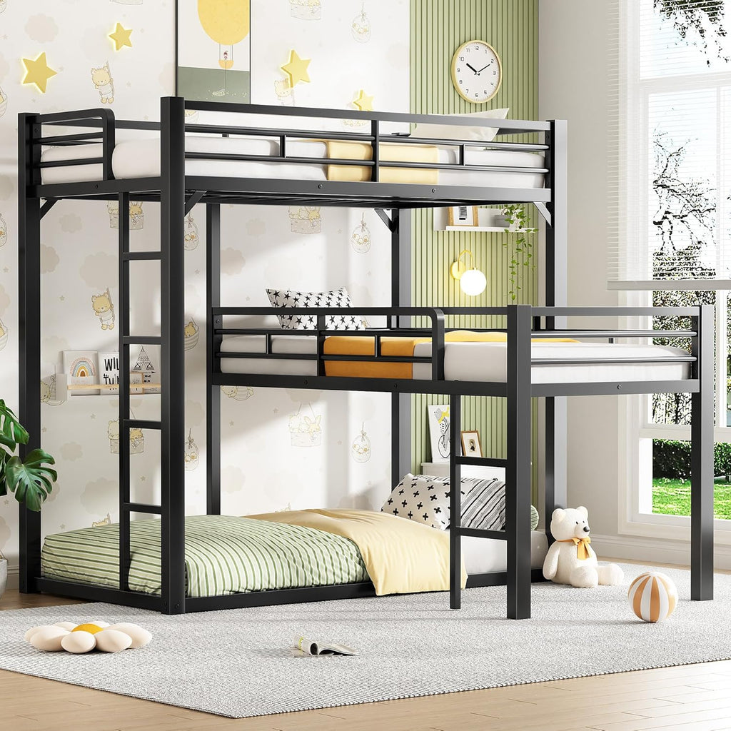 Heavy Duty L-Shaped Triple Bunk Bed for Kids Bedroom,Twin Over Twin Over Twin Metal Bunkbeds with Ladder & Safety