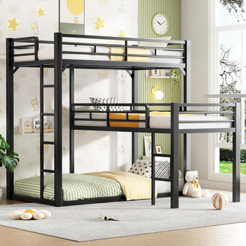 Heavy Duty L-Shaped Triple Bunk Bed for Kids Bedroom,Twin Over Twin Over Twin Metal Bunkbeds with Ladder & Safety