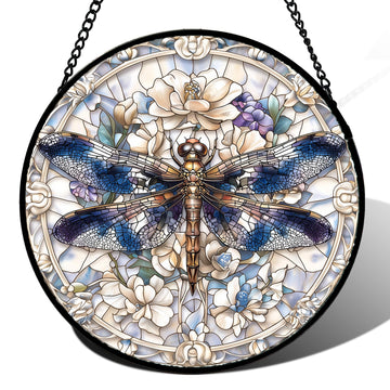 Dragonfly White Florals Stained Glass Window Hanging Suncatcher Gifts 15"
