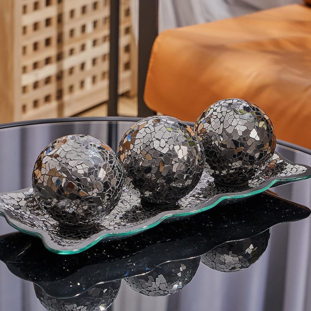 12.4" Mosaic Glass Decorative Tray Dish Plate with 3pcs 3" Decorative Orbs Balls Sphere Decor or Dining Table Coffee