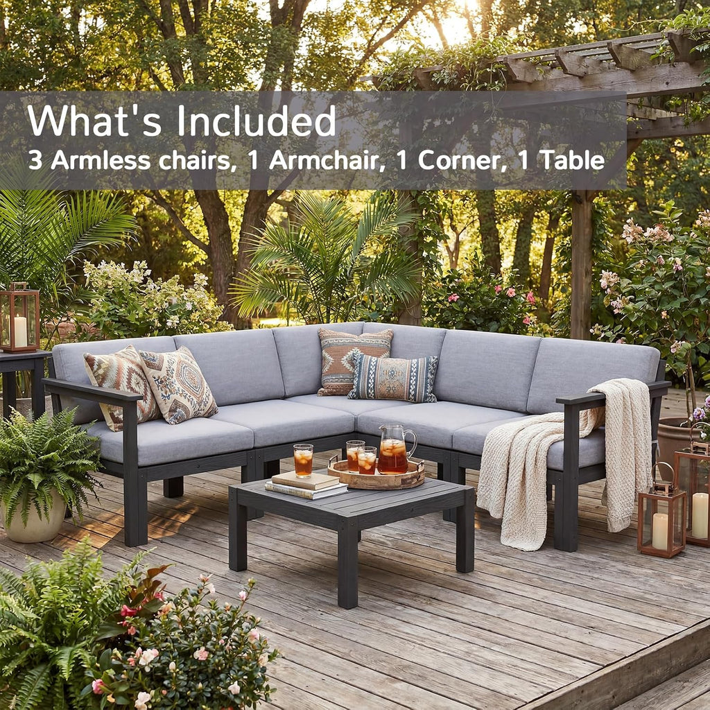 6-Piece Patio Sectional Sofa Set, Modular Outdoor Furniture Set - All-Weather Waterproof HIPS Frame & Quick-Dry