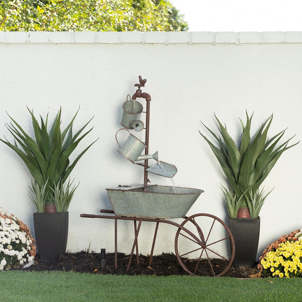 MCC574 Outdoor Floor Galvanized Shovel Pitcher Bucket Fountain, 41" Vintage Garden Water Feature