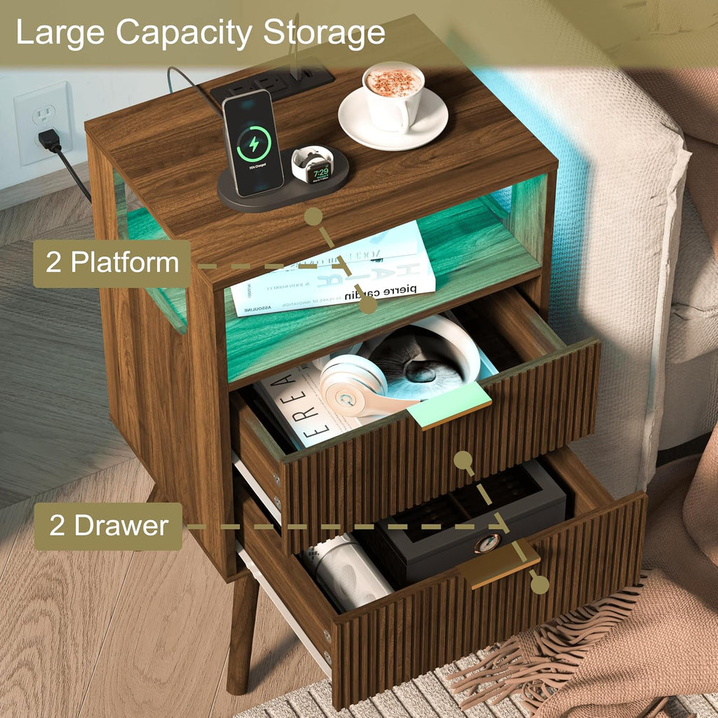Nightstand with Charging Station and LED Lights,Modern Bedside Table with 2 Storage Drawer and Open Wood Shelf