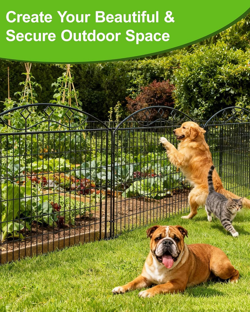10 Panels 33in H x 29in L Garden Fence, 24ft L Black Metal No Dig Fence Temporary Animal Barrier for Dogs & Rabbits