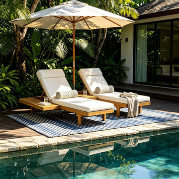 Acacia Wood Chaise Lounge Chair Set of 2, Double/Single Outdoor Sunbathing Pool Lounger with 4'' Four-Folds Cushion