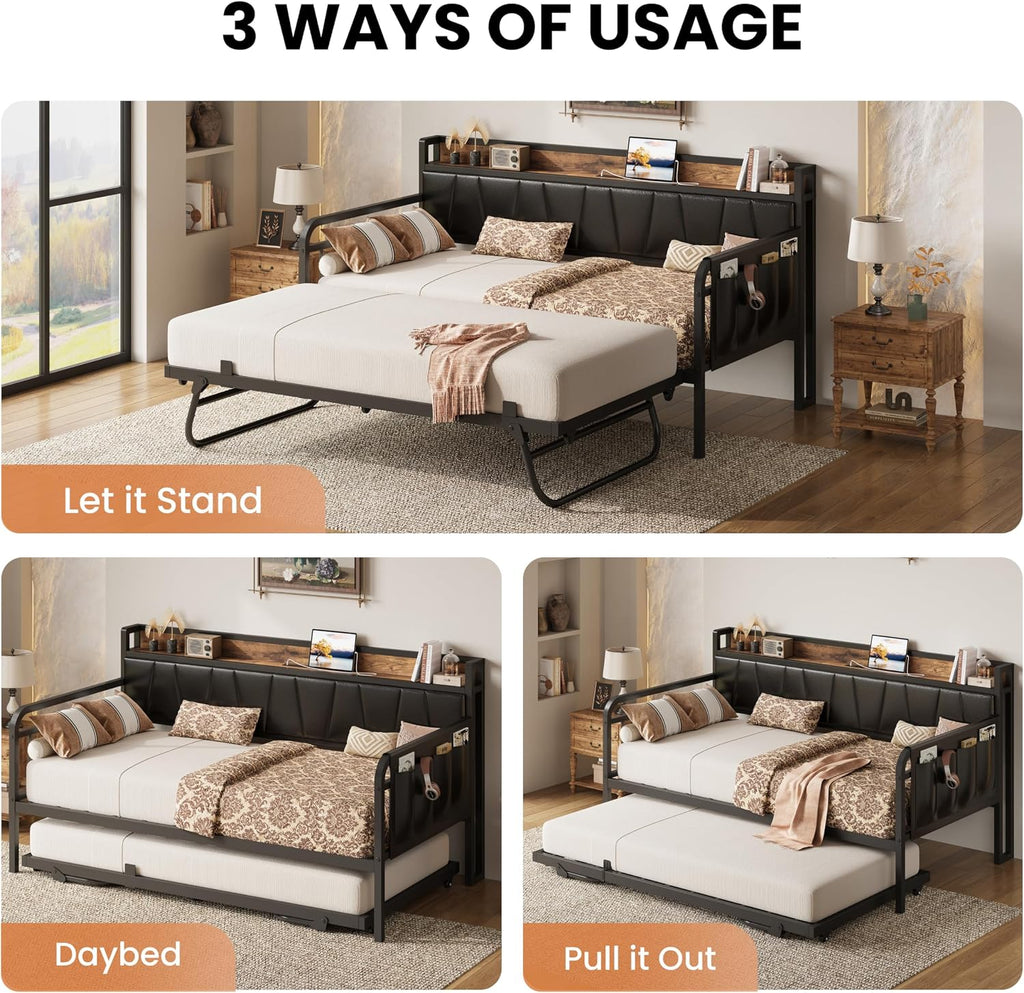 Twin XL Daybed, Day Bed Frame with Pop Up Trundle, Black | Pop Up Trundle Bed with Smooth Wheels, Charging Station