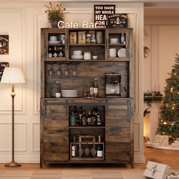 70'' Wine Coffee Bar Cabinet with Storage Hutch, Tall Kitchen Pantry Liquor Cabinet with Sliding Barn Doors, Bottle