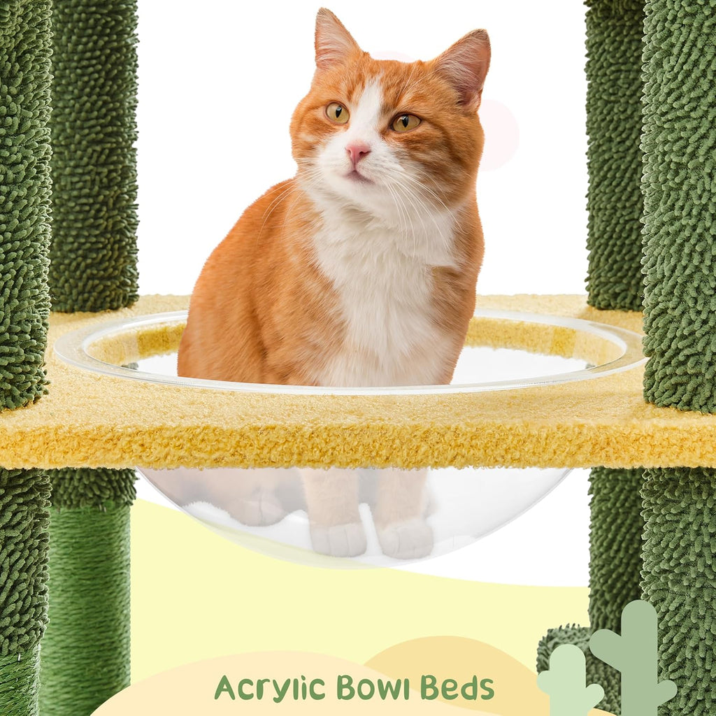 68.5in Tall Cactus Cat Tree, Multi-Level Tower with 2 Large Condos, Scratching Posts, 2 Acrylic Clear Bowls