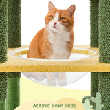 68.5in Tall Cactus Cat Tree, Multi-Level Tower with 2 Large Condos, Scratching Posts, 2 Acrylic Clear Bowls