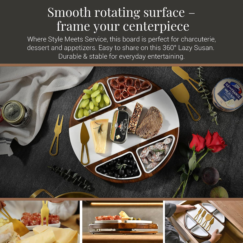 Upgraded Lazy Susan Cheese Cutting Board Set - Round Acacia Charcuterie Board with 4 Ceramic Bowls - Wedding Gifts