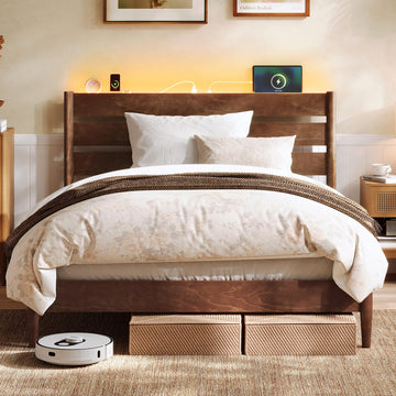 Full Bed Frame, Wood Platform Bed with Headboard Storage Shelf