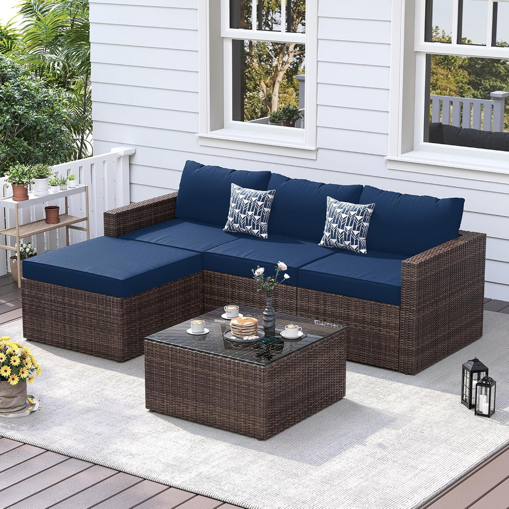 5 Piece L Shaped Outdoor Couch, Small Space Patio Furniture Set, Navy Blue | Outdoor Sectional Sofa, All-Weather