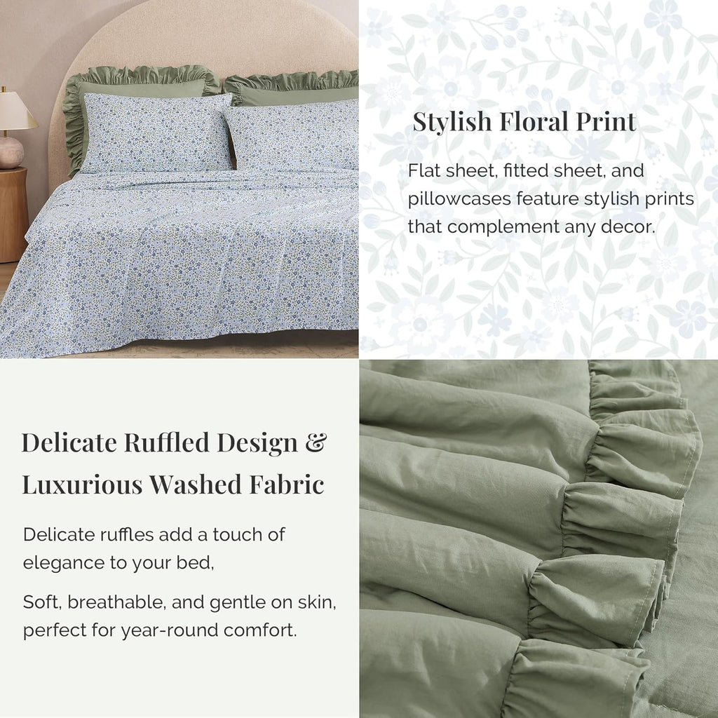 Comforter Set - 7 Pieces Ruffle Sage Green Bedding Sets