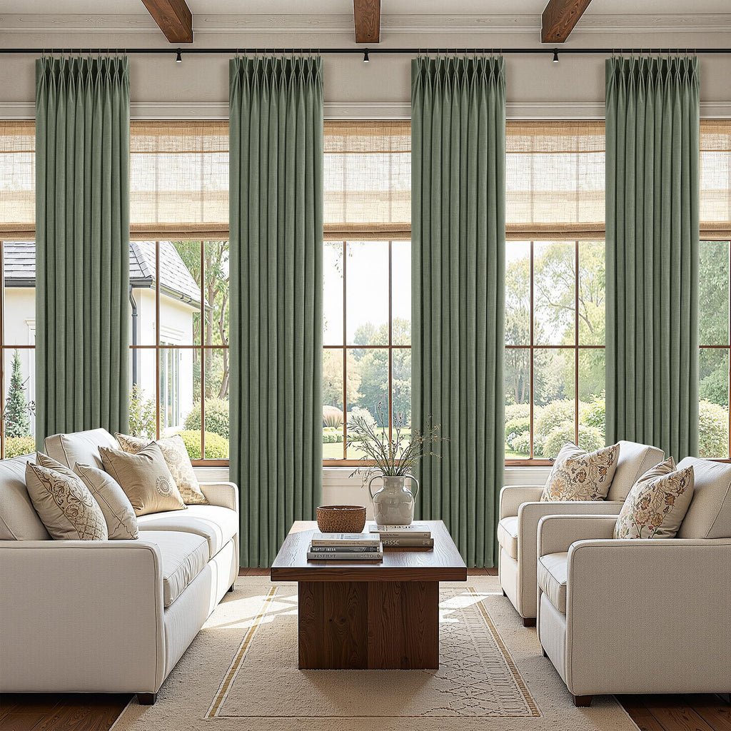 90 Inch Triple Pinch Pleated Linen Curtains 2 Panel Set Sage Green Linen Textured Drapes 90 Inches Long Pinch Pleat