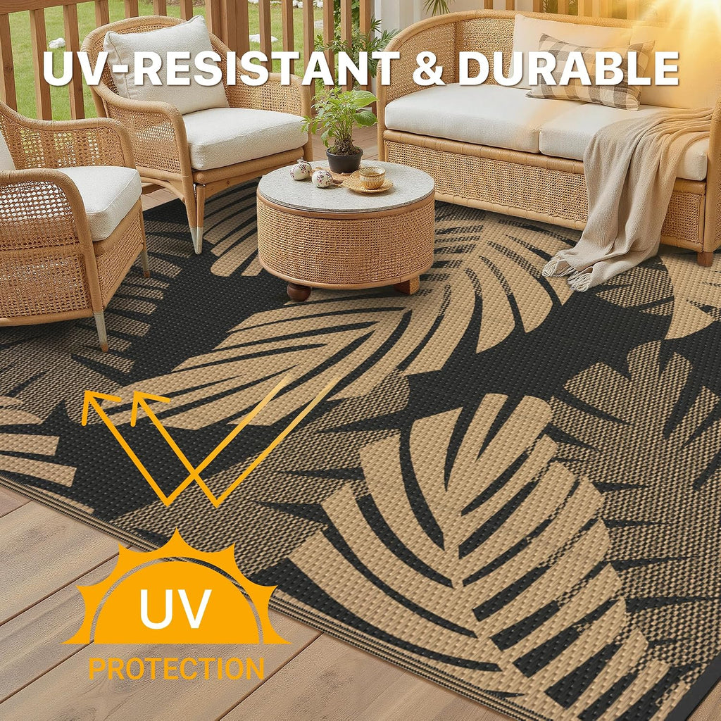 Outdoor Rug, Waterproof Plastic Rugs, 9'x12' Black Brown